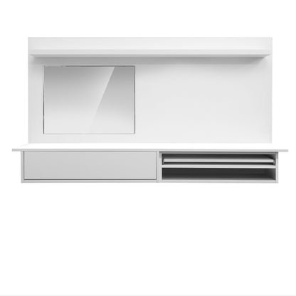 A modern minimalist floating dressing table setup, and a mirror and sleek white shelf at the top of the unit (front view)