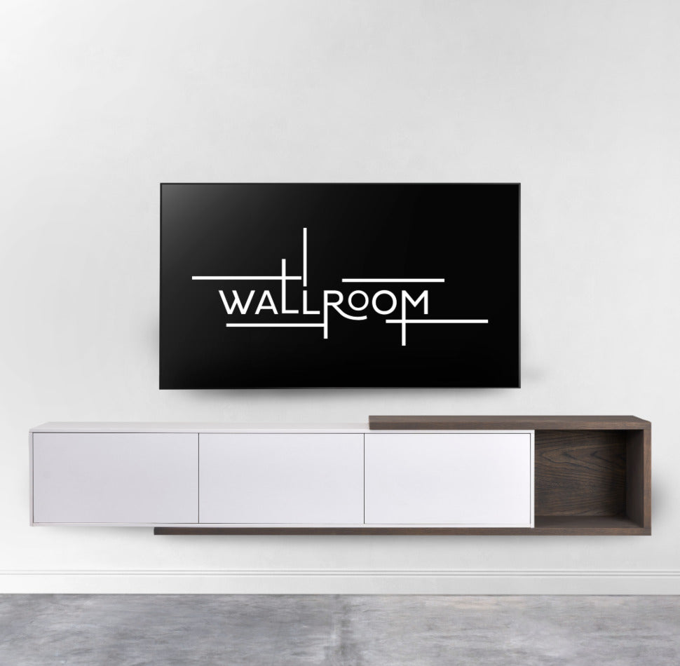 A minimalist living room with a sleek, white and brown tv wall shelf and a large flat screen television mounted on a clean white wall.