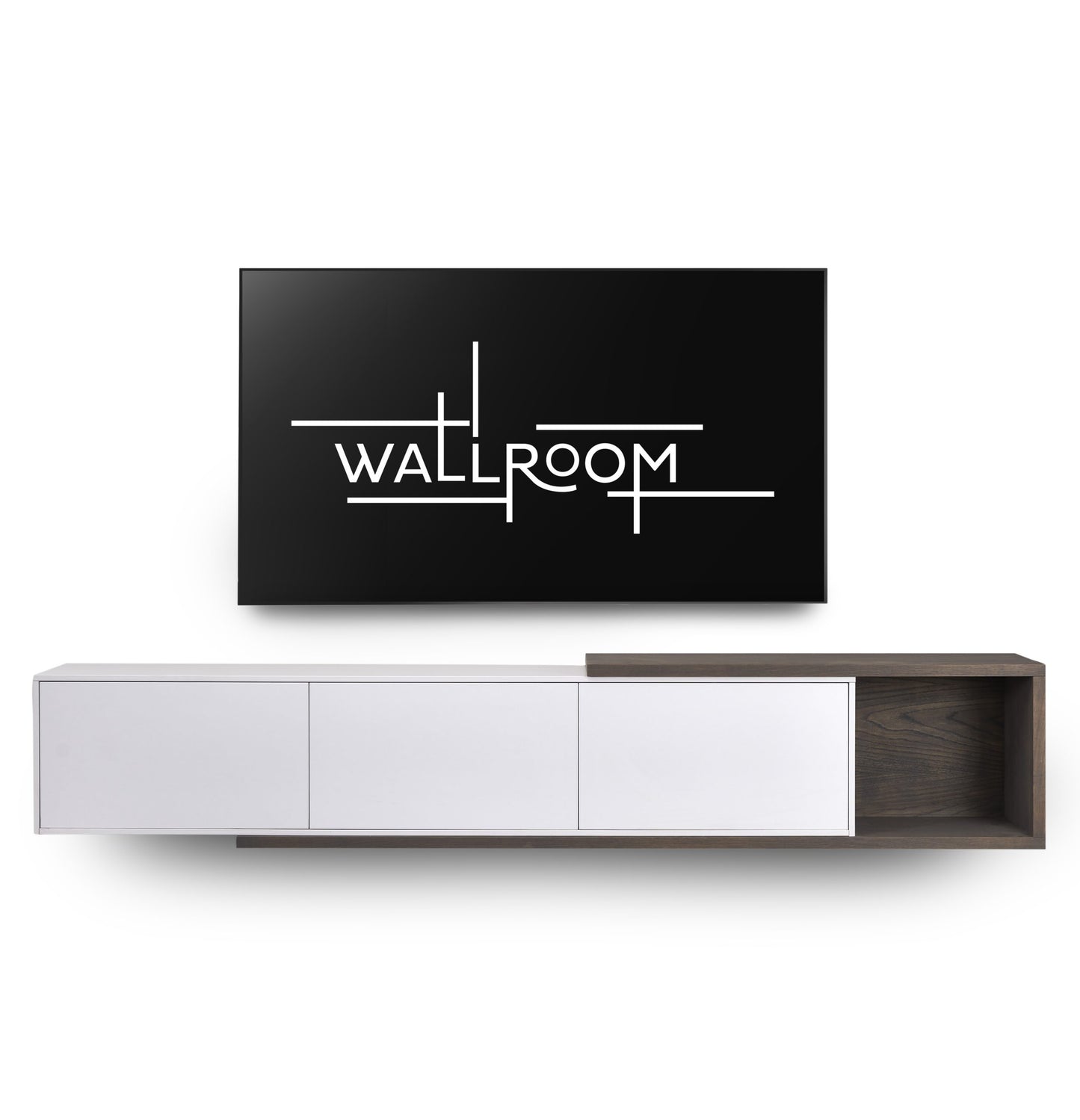 A minimalist living room with a sleek, white and brown tv wall shelf and a large flat screen television mounted on a clean white wall. (front view)