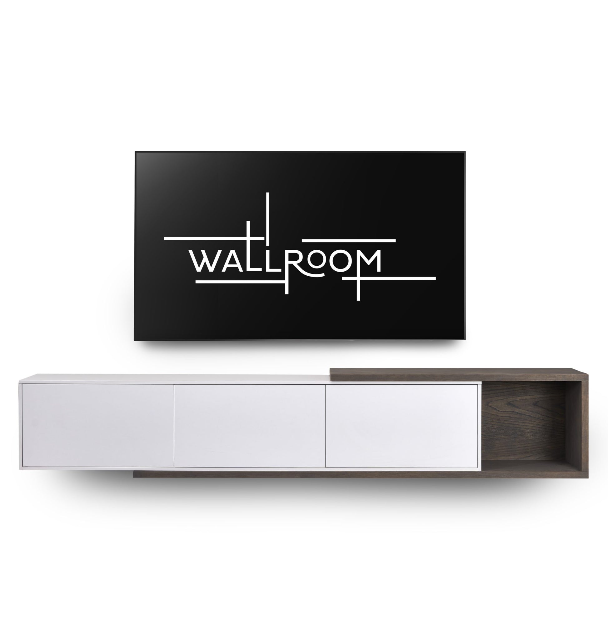 A minimalist living room with a sleek, white and brown tv wall shelf and a large flat screen television mounted on a clean white wall. (front view)