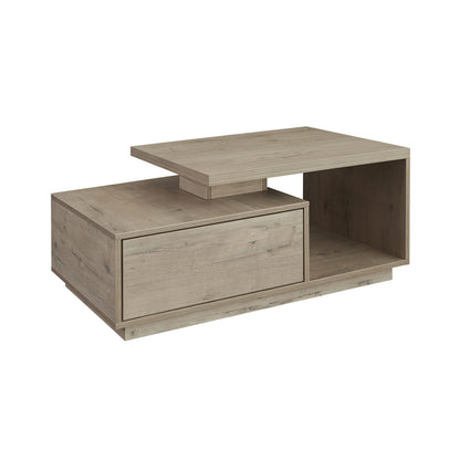 This modern coffee table features clean lines, sleek aesthetics, and functional storage with a push-to-open drawer and open compartment.