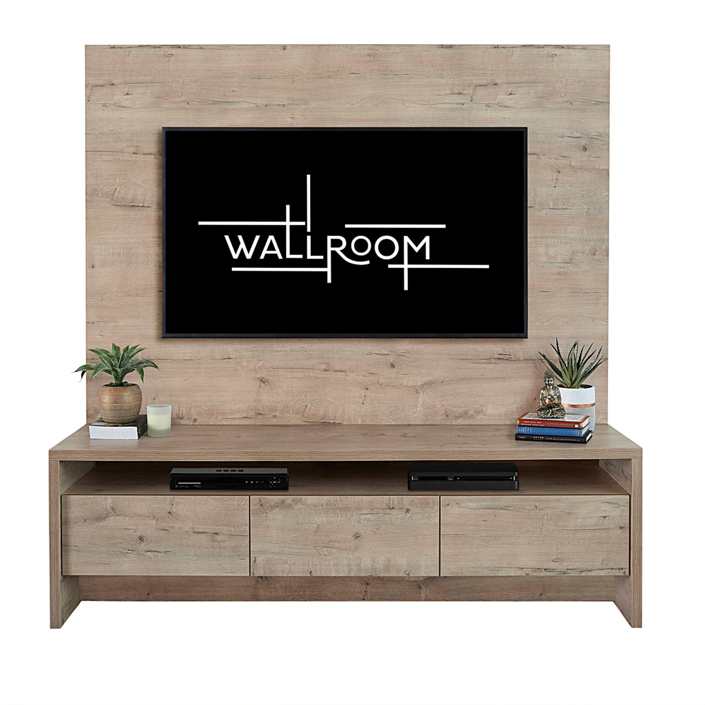 A minimalist living room setup featuring a plasma stand with backboard mounted on a wooden wall panel, with a stylish, low-profile television stand holding a few electronics and decorative items, including plants and books.