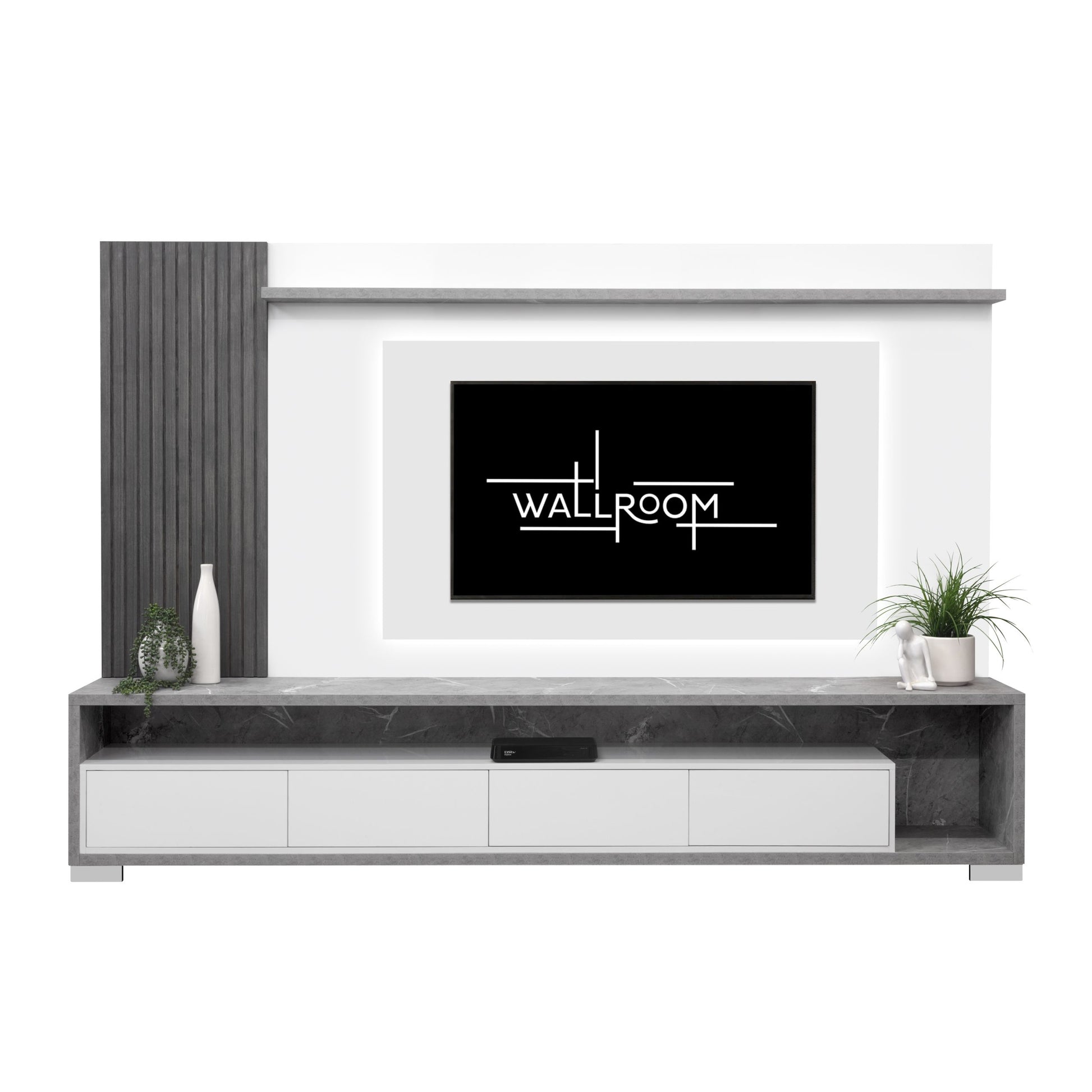 A minimalist modern living room with a sleek white large plasma tv stand, a marble countertop and decorative plants