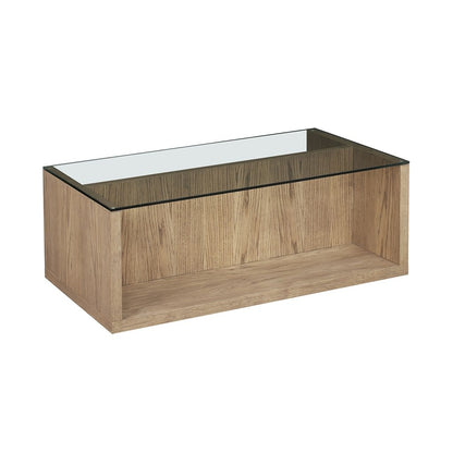 A modern glass top coffee table with a shelf underneath for storage, showcasing a minimalist and functional design ideal for contemporary living spaces.