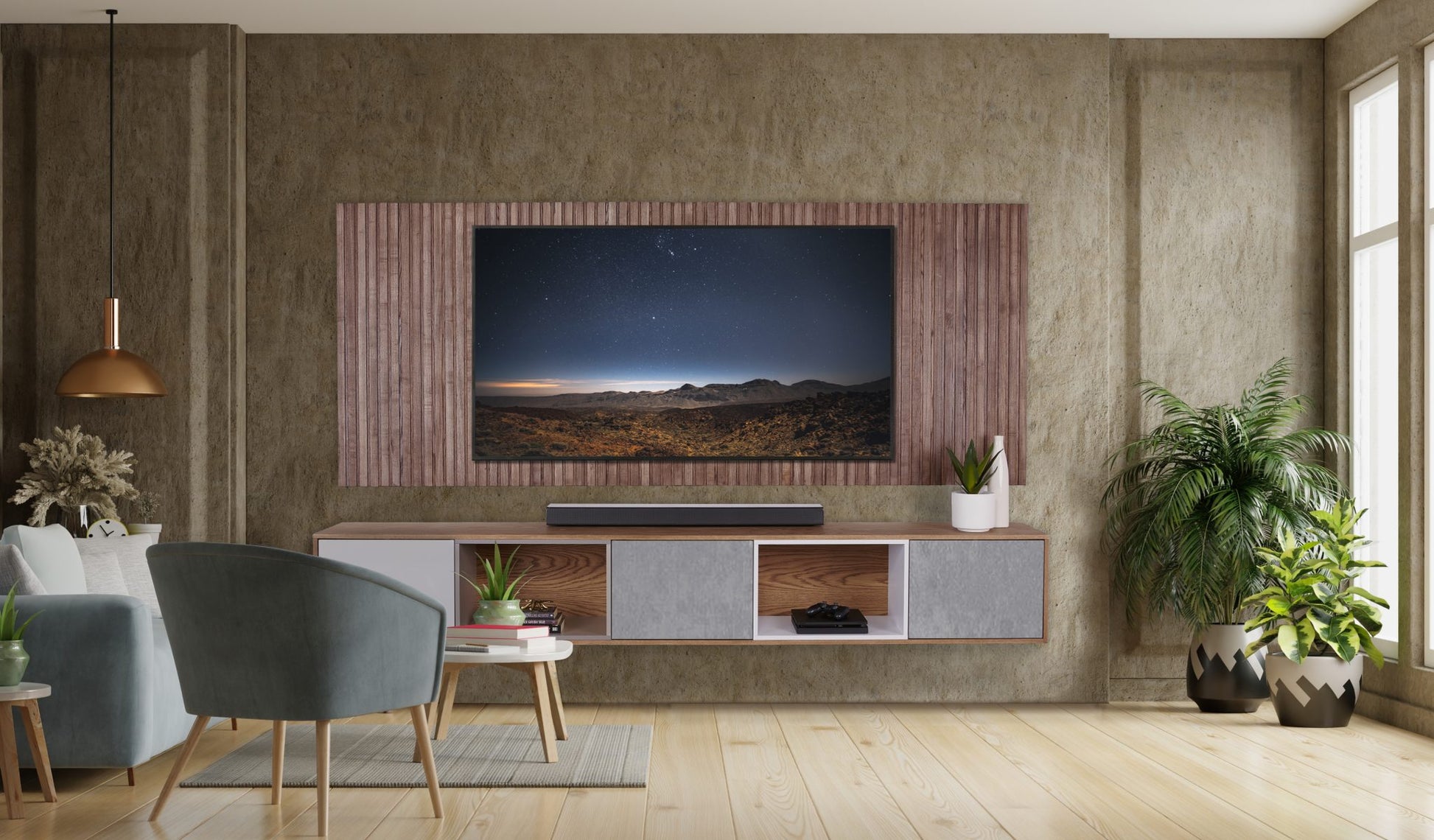 A modern living room boasts a serene nightscape photo above a sleek tv shelf, flanked by potted plants and stylish furnishings under a warm pendant light.