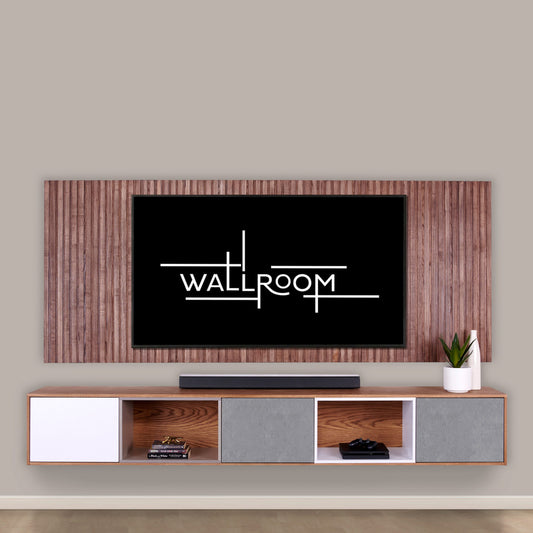 A minimalist living room setup featuring a flat-screen TV mounted on a wooden panel wall, with a sleek, contemporary console below, flanked by open shelves and a wall-mounted backboard