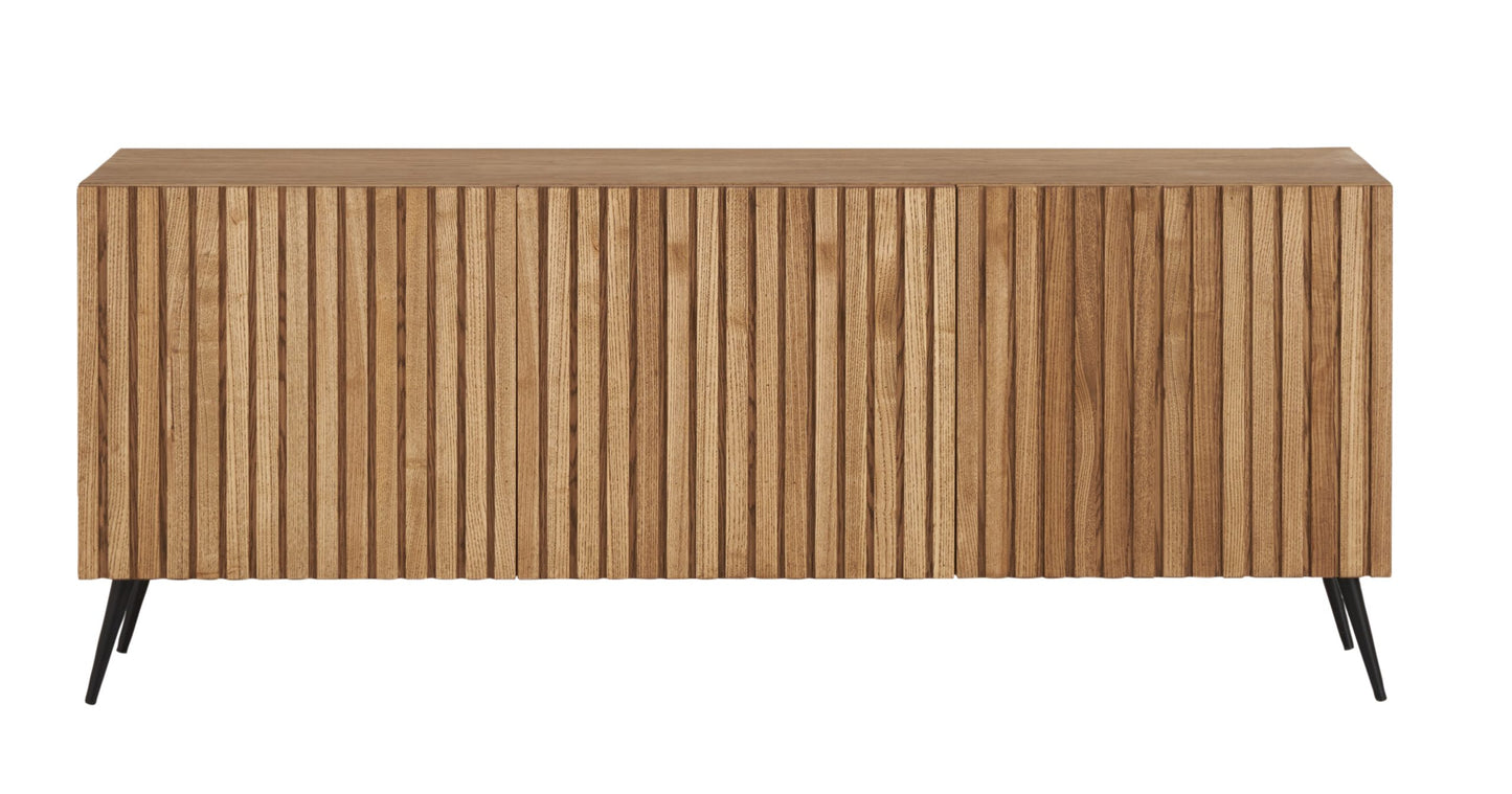 A modern sideboard with a slatted wood finish on its facade, standing on four angled metal legs, offers a mid-century aesthetic combined with contemporary design for stylish storage. (front view)