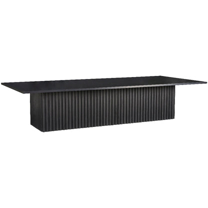 A sleek black contemporary coffee table with a distinctive fluted design and an elongated rectangular silhouette, providing a luxurious aesthetic to any living space. (side view)