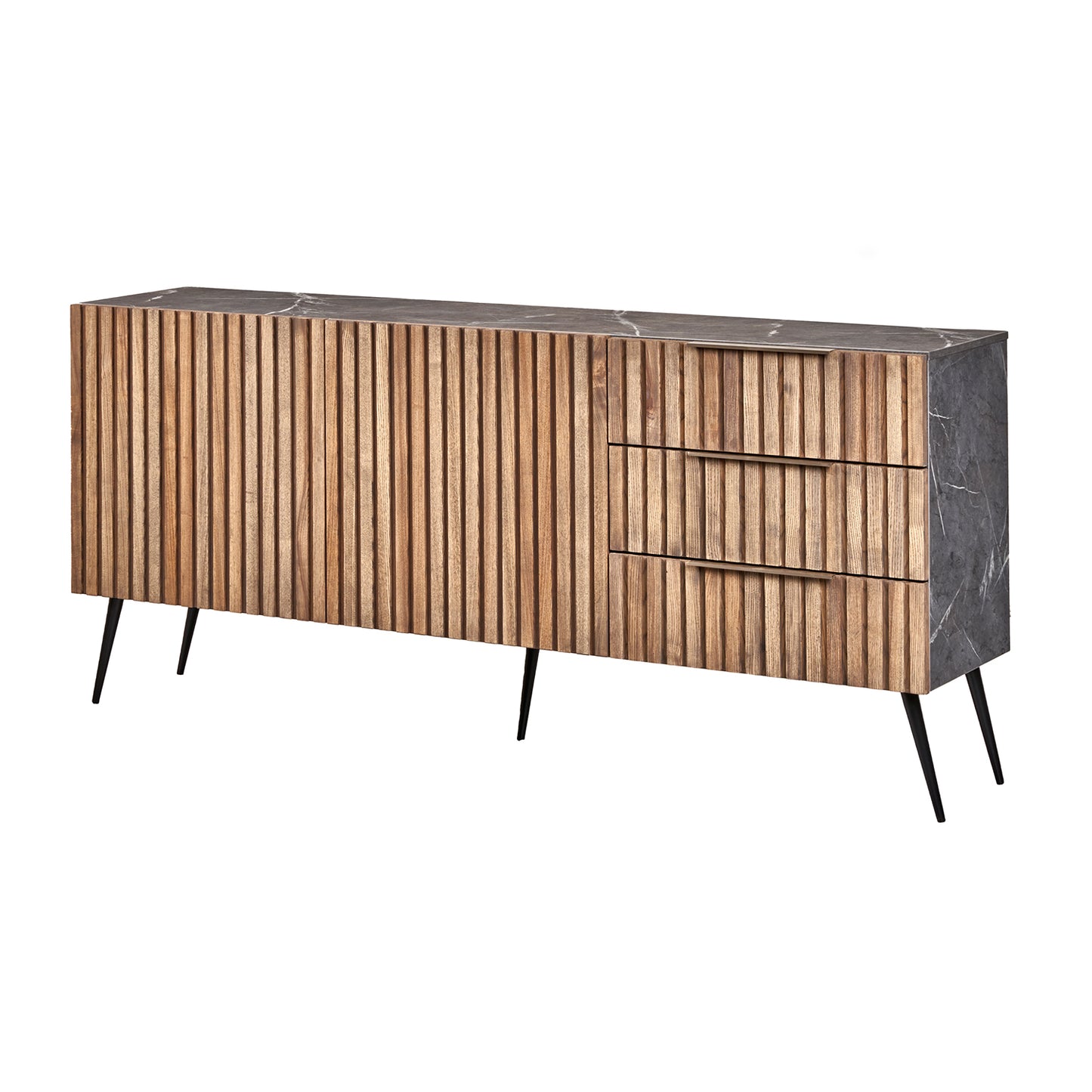 A contemporary sideboard cabinet featuring a wooden slatted design with a distinct marble accent, complemented by sleek black metal legs. It offers ample storage with its handleless drawers and doors