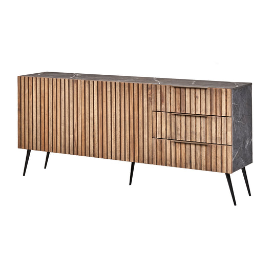 A contemporary sideboard cabinet featuring a wooden slatted design with a distinct marble accent, complemented by sleek black metal legs. It offers ample storage with its handleless drawers and doors