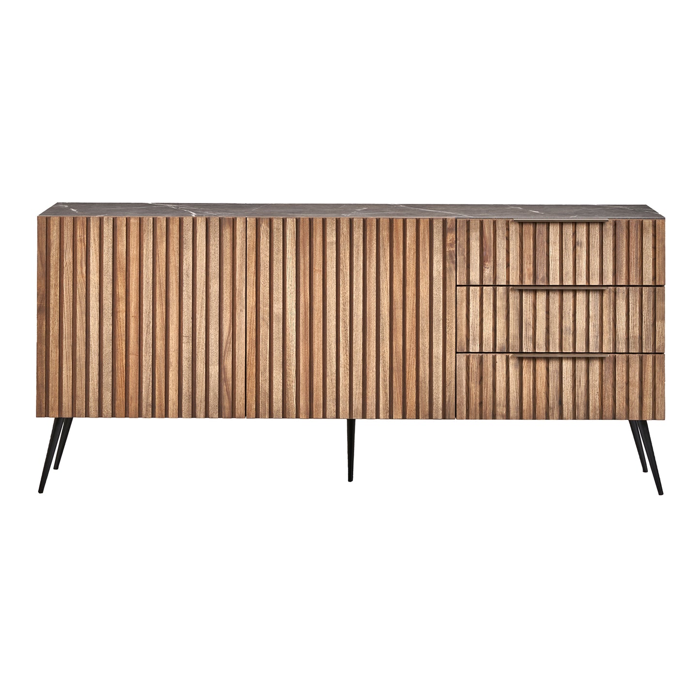 A contemporary sideboard cabinet featuring a wooden slatted design with a distinct marble accent, complemented by sleek black metal legs. It offers ample storage with its handleless drawers and doors (front view)