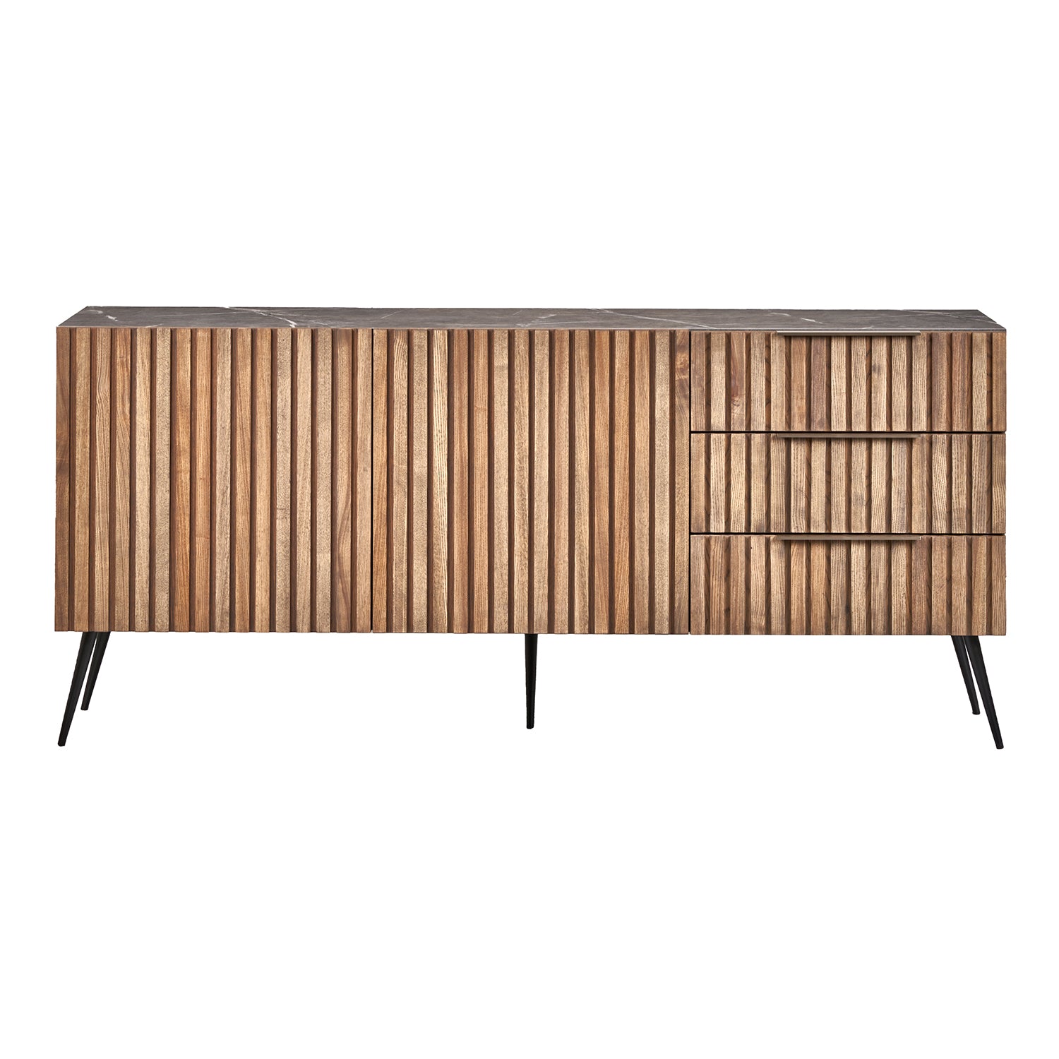 A contemporary sideboard cabinet featuring a wooden slatted design with a distinct marble accent, complemented by sleek black metal legs. It offers ample storage with its handleless drawers and doors (front view)