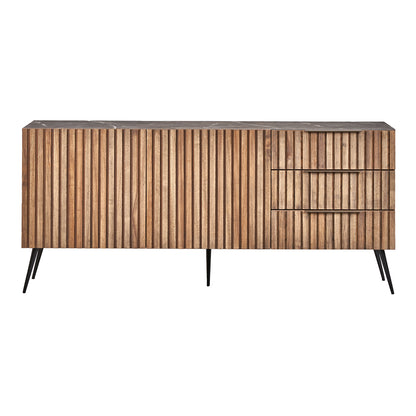 A contemporary sideboard cabinet featuring a wooden slatted design with a distinct marble accent, complemented by sleek black metal legs. It offers ample storage with its handleless drawers and doors (front view)