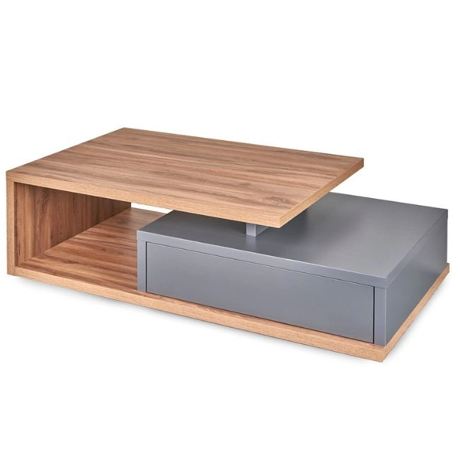 A modern two-tier designer wooden coffee table with a grey drawer, showcasing a blend of functionality and minimalist design.