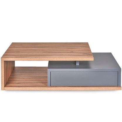 A modern two-tier designer wooden coffee table with a grey drawer, showcasing a blend of functionality and minimalist design. (front view)