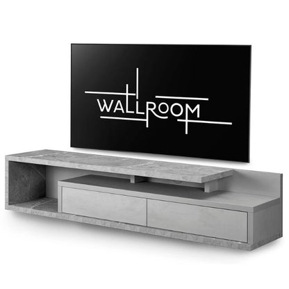 A minimalist living room setting featuring a sleek, grey floating tv shelf with a marble finish, holding a flat-screen TV (side view)