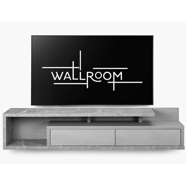 A minimalist living room setting featuring a sleek, grey floating tv shelf with a marble finish, holding a flat-screen TV (front view)