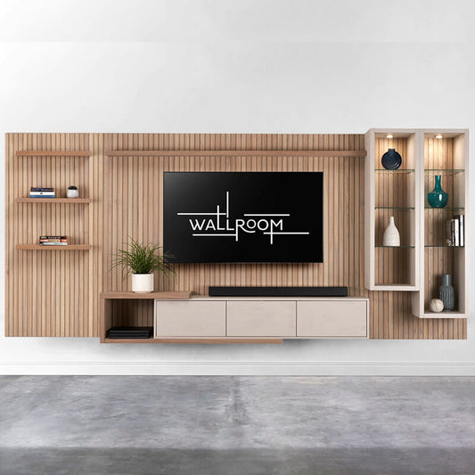 Clarens - Large Wall-mounted TV Stand - Slatted Wood