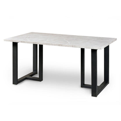 A modern 6-seater dining table featuring a sleek marble tabletop with distinctive veining, supported by a pair of sturdy black metal u-shaped legs, isolated on a white background, embodying a minimalist (side view)