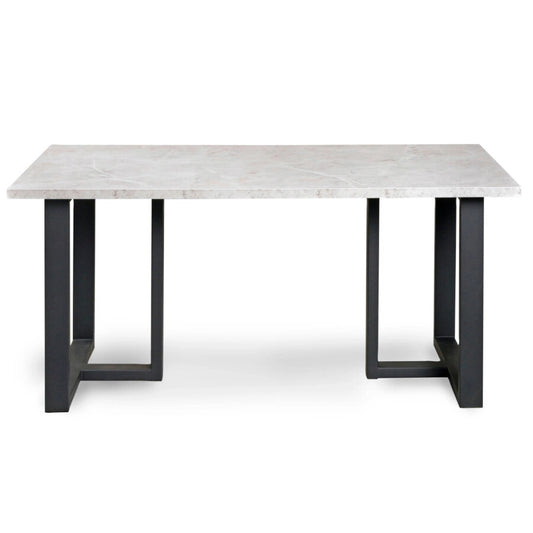 A modern 6-seater dining table featuring a sleek marble tabletop with distinctive veining, supported by a pair of sturdy black metal u-shaped legs, isolated on a white background, embodying a minimalist (front view)