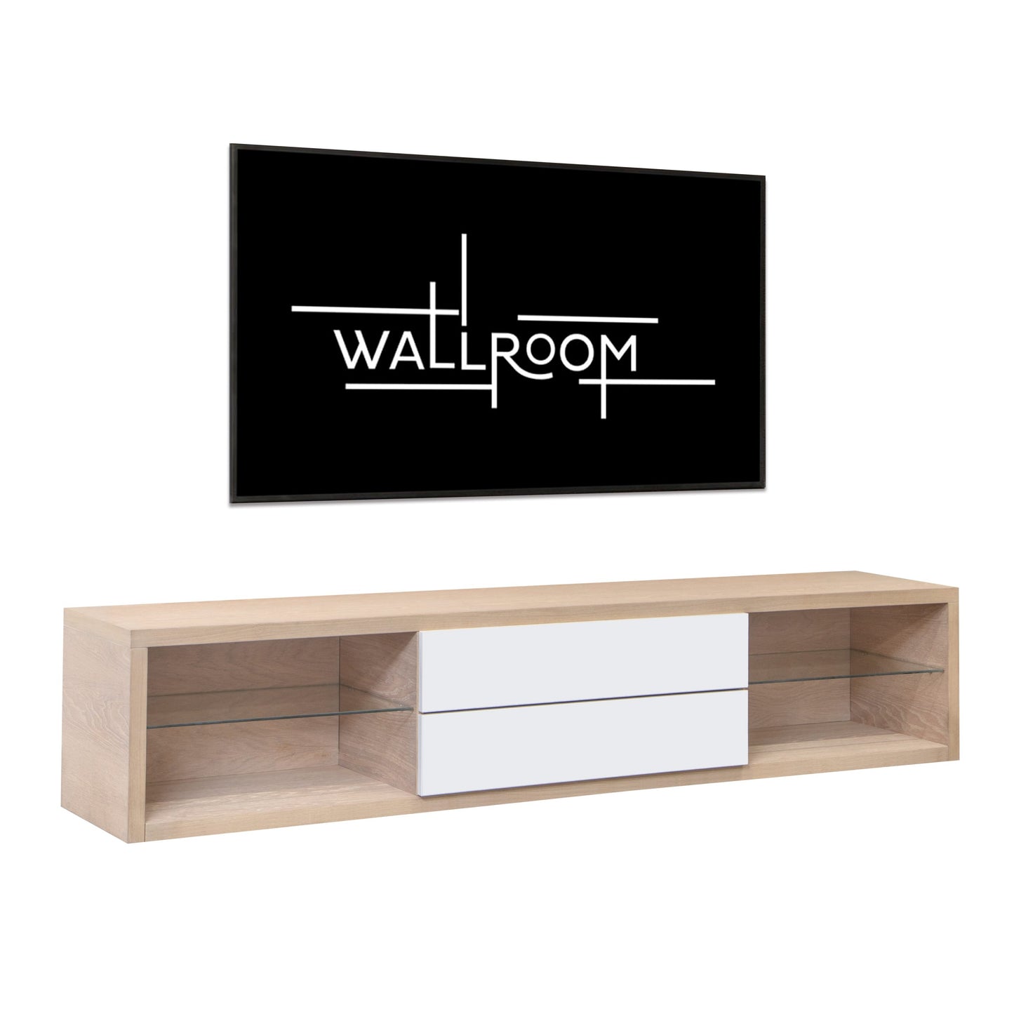 A modern living room setup with a sleek wall-mounted TV shelf featuring a minimalist design. (side view)