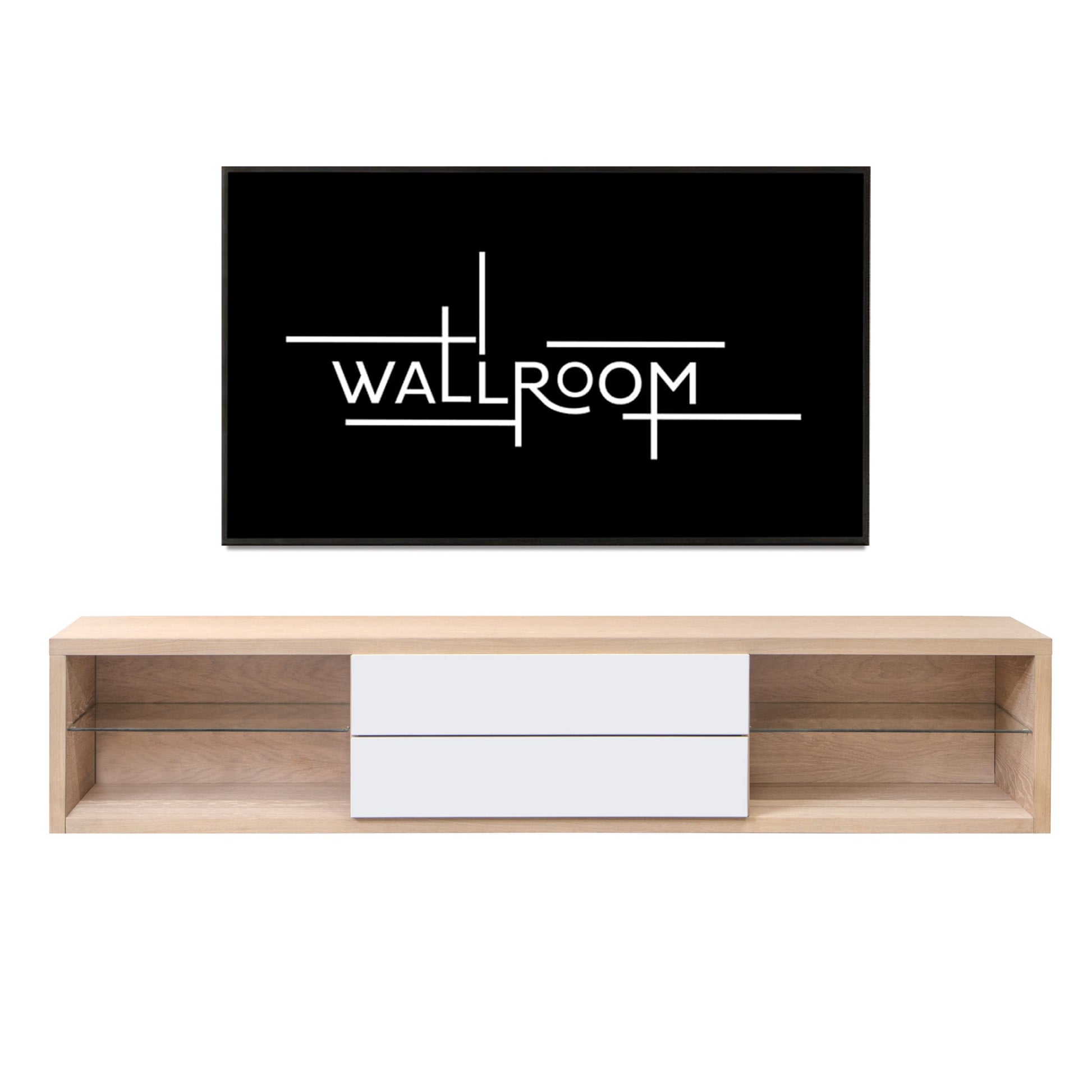 A modern living room setup with a sleek wall-mounted TV shelf featuring a minimalist design. (front view)