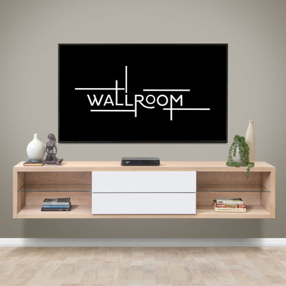 A modern living room setup with a sleek wall-mounted TV shelf featuring a minimalist design, a two-drawer console, decorative items, and a potted plant, with a parquet floor.