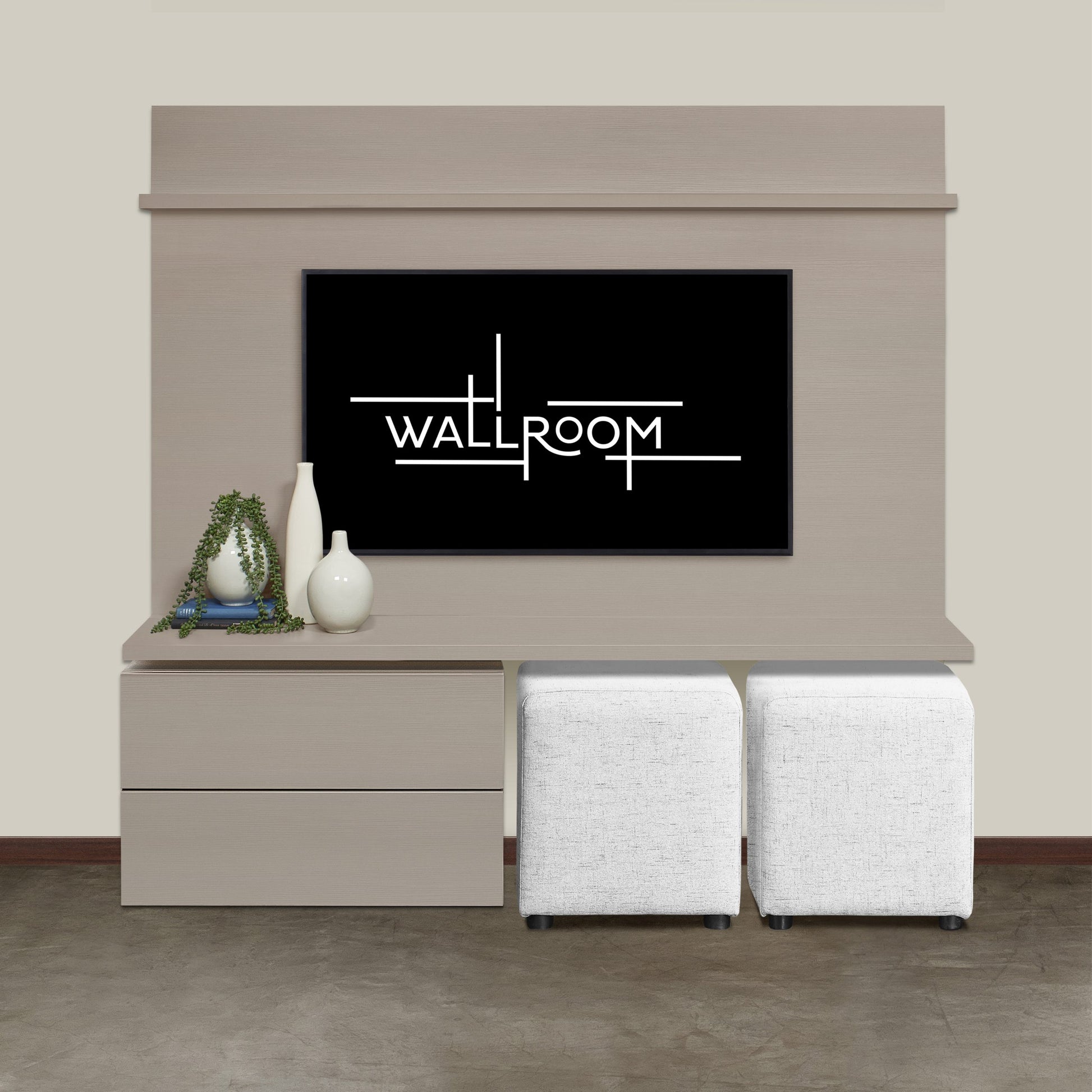 Minimalist modern reception area with a sleek beige desk, two textured white stools, decorative vases, and a tv cabinet  on a clean wall backdrop.