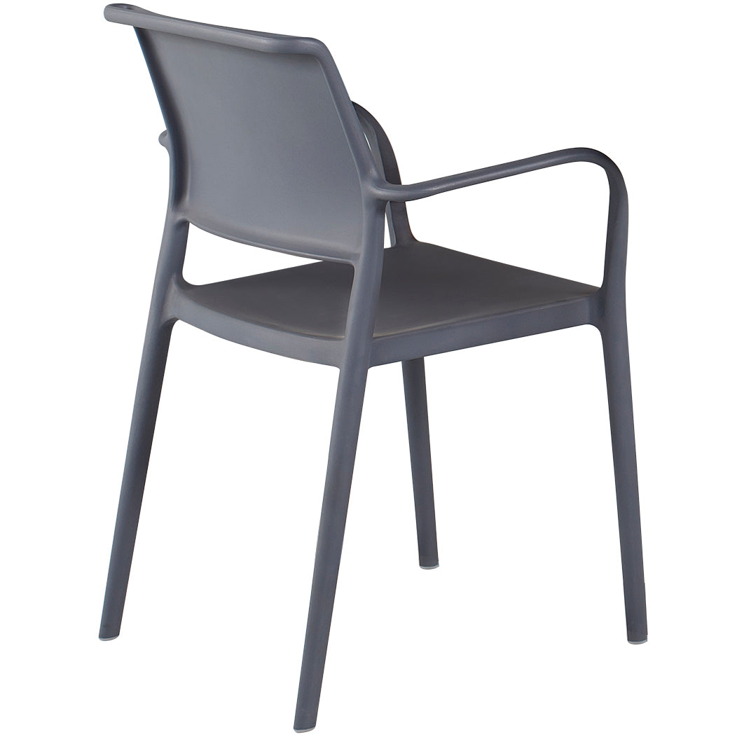 A modern, matte grey plastic chair with a minimalist design, featuring a slightly curved backrest and sturdy legs, suitable for both indoor and outdoor use.