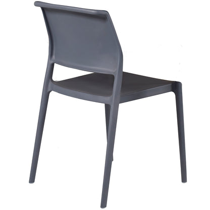 A modern, matte grey plastic chair with a minimalist design, featuring a slightly curved backrest and sturdy legs, suitable for both indoor and outdoor use. (no arm rests)