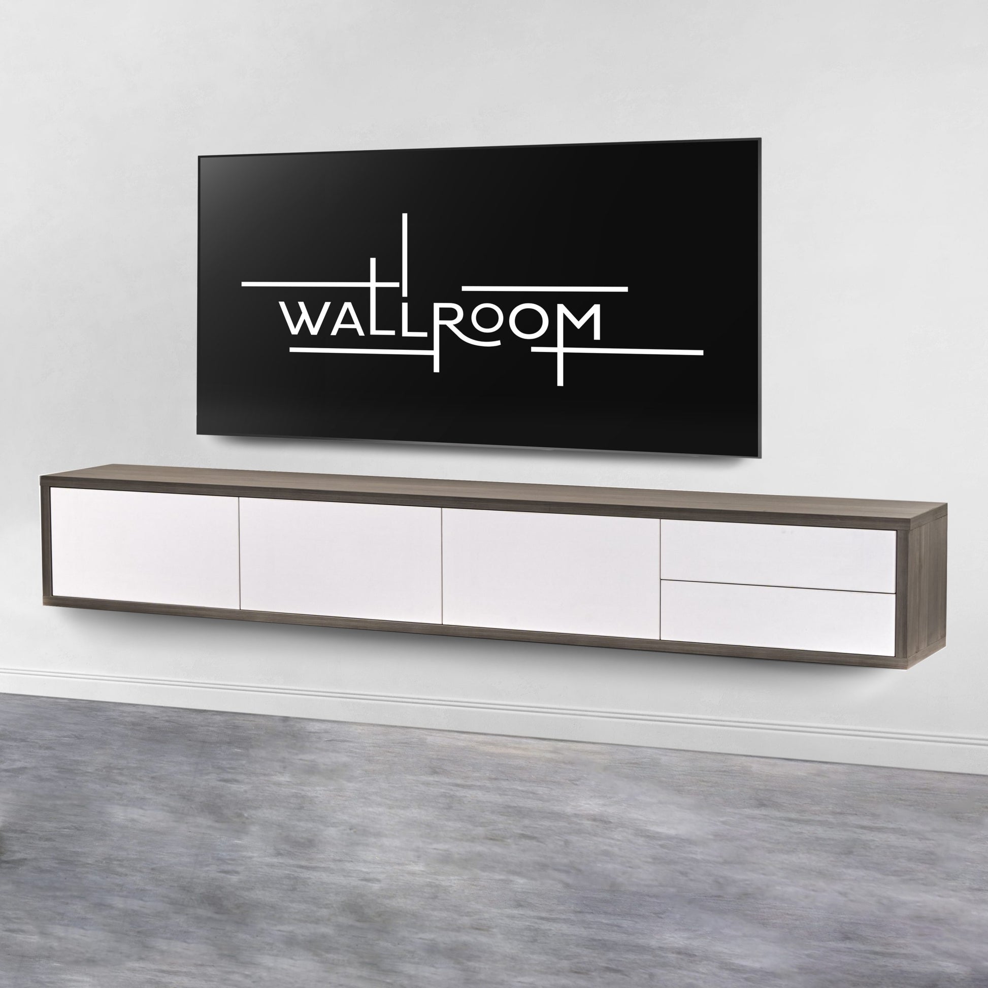 A minimalist living room featuring a sleek, wall-mounted wooden media console with space-saving white drawers a textured gray wall-mounted TV shelf. (side view)