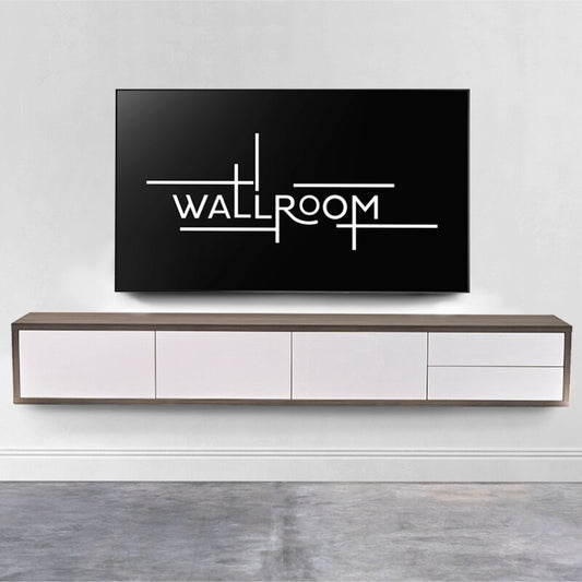 A minimalist living room featuring a sleek, wall-mounted wooden media console with space-saving white drawers a textured gray wall-mounted TV shelf.