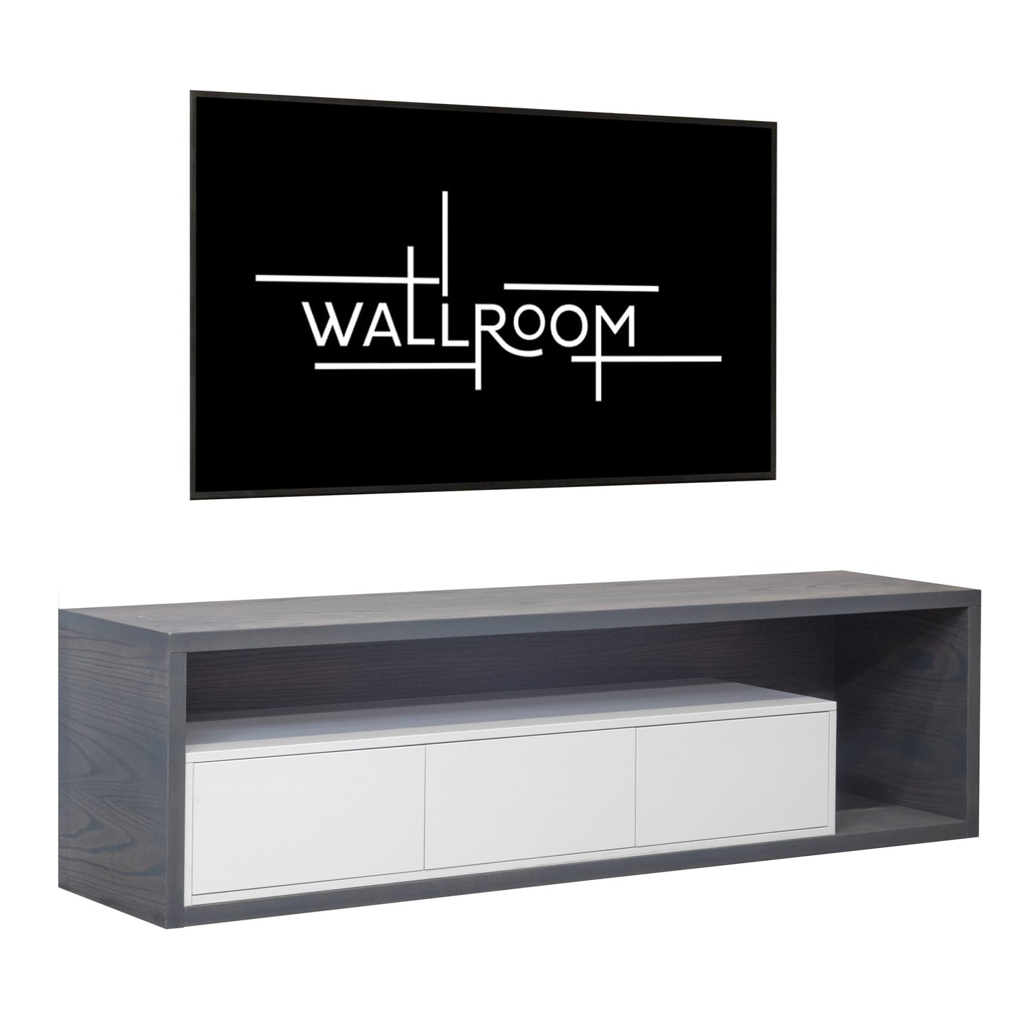 A modern minimalist tv stand with a sleek black finish features white cabinet doors, with a flat-screen tv. (side view)