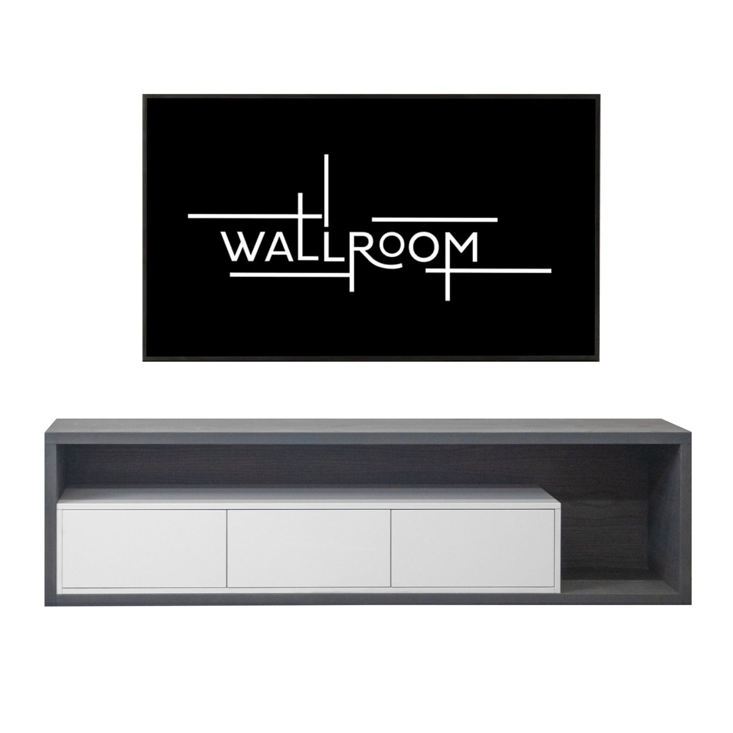 A modern minimalist tv stand with a sleek black finish features white cabinet doors, with a flat-screen tv. (front view)