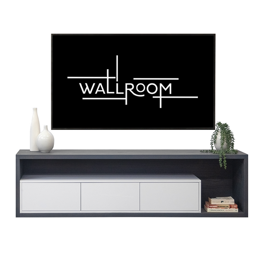 A modern minimalist tv stand with a sleek black finish features white cabinet doors, a decorative vase, plant, and books, with a flat-screen tv. 