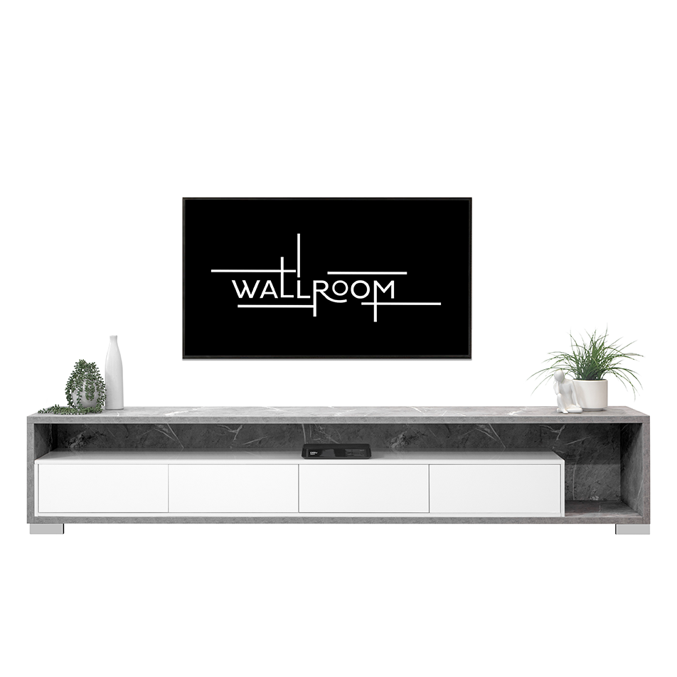 A modern minimalist living room setup featuring a sleek white modern tv table with a marble finish top, mounted flat-screen tv and decorative plants enhancing the clean, contemporary aesthetic.