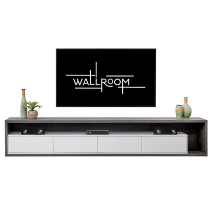 A modern minimalist living room setup featuring a sleek plasma stand with drawers below a flat-screen tv displaying a logo, and decorative vases and a small plant adding a touch of greenery.