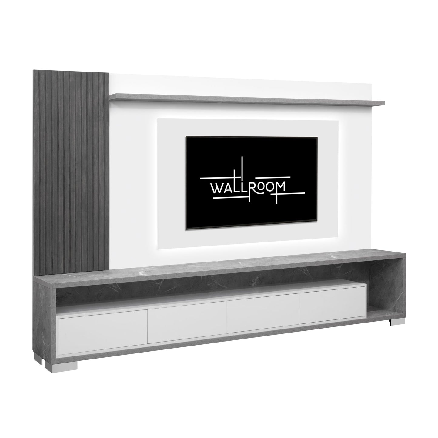 A minimalist modern living room with a sleek white large plasma tv stand, a marble countertop (side view)