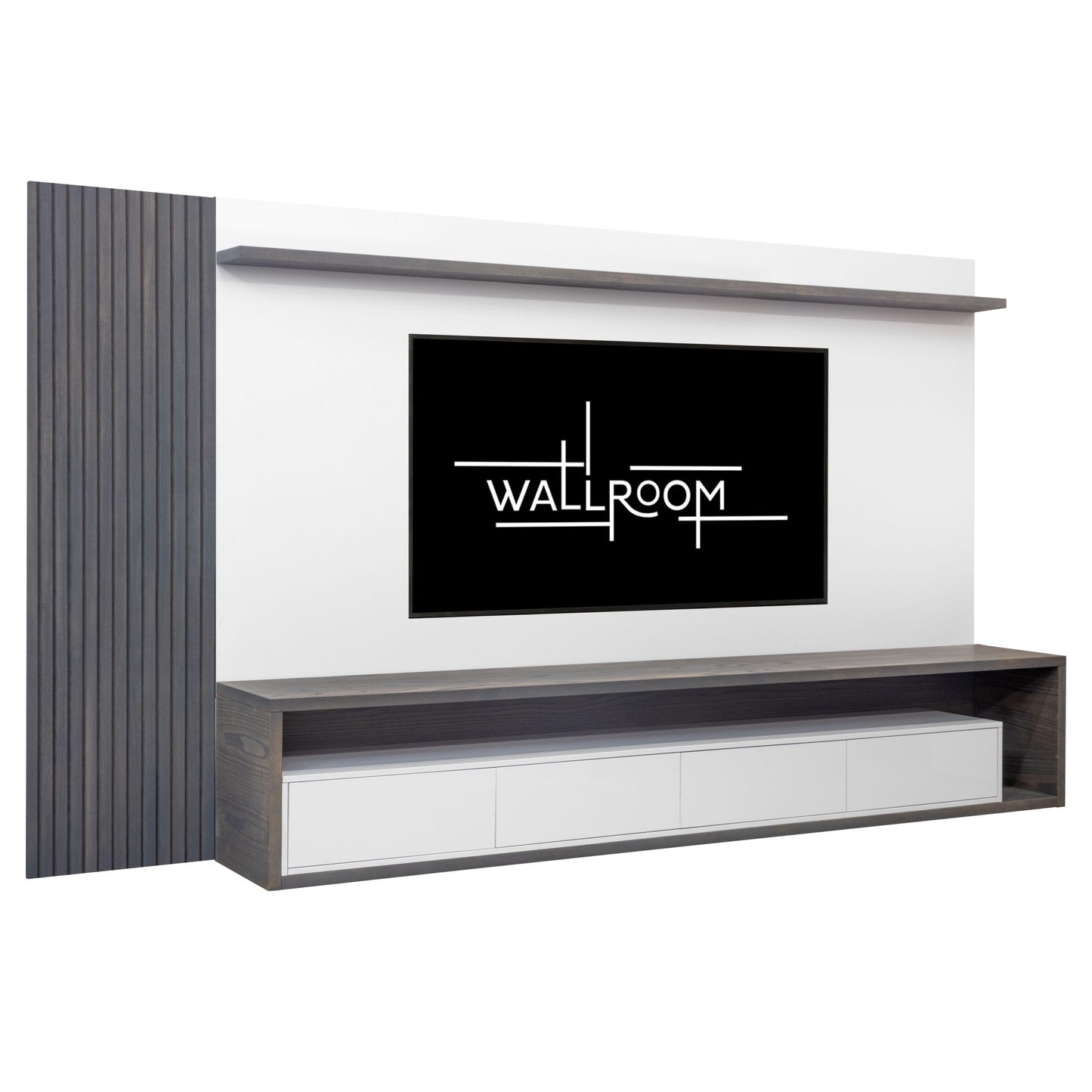 Modern living room wall with TV stand with backboard and mounted flat-screen tv above a sleek console, accented by minimalist décor and contrasting textures on wall surfaces. (side view)