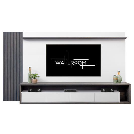 Modern living room wall with TV stand with backboard and mounted flat-screen tv above a sleek console, accented by minimalist décor and contrasting textures on wall surfaces.