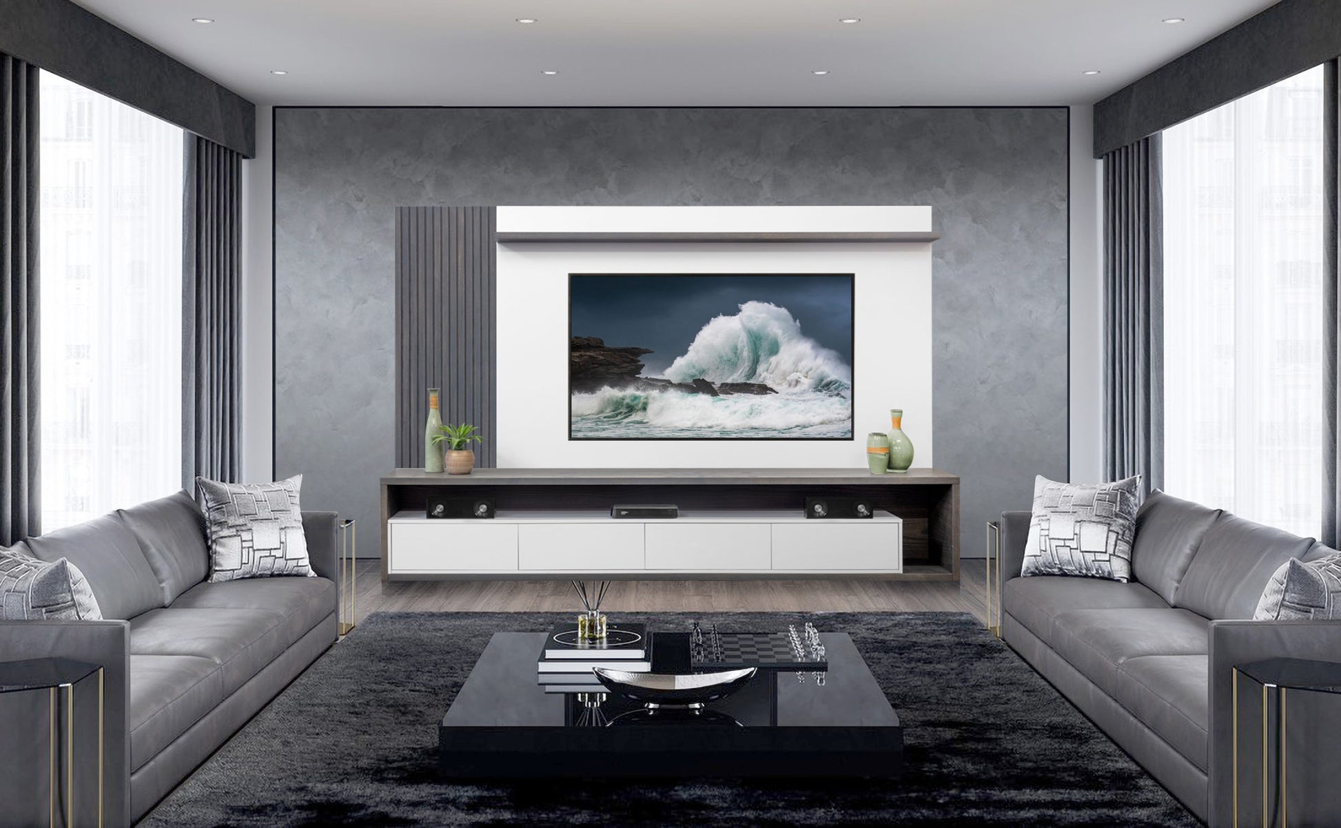 A modern living room with symmetrical design featuring two gray sofas, a large ocean artwork above a sleek media console with TV table and backboard, and a central glass-top table on a dark rug.