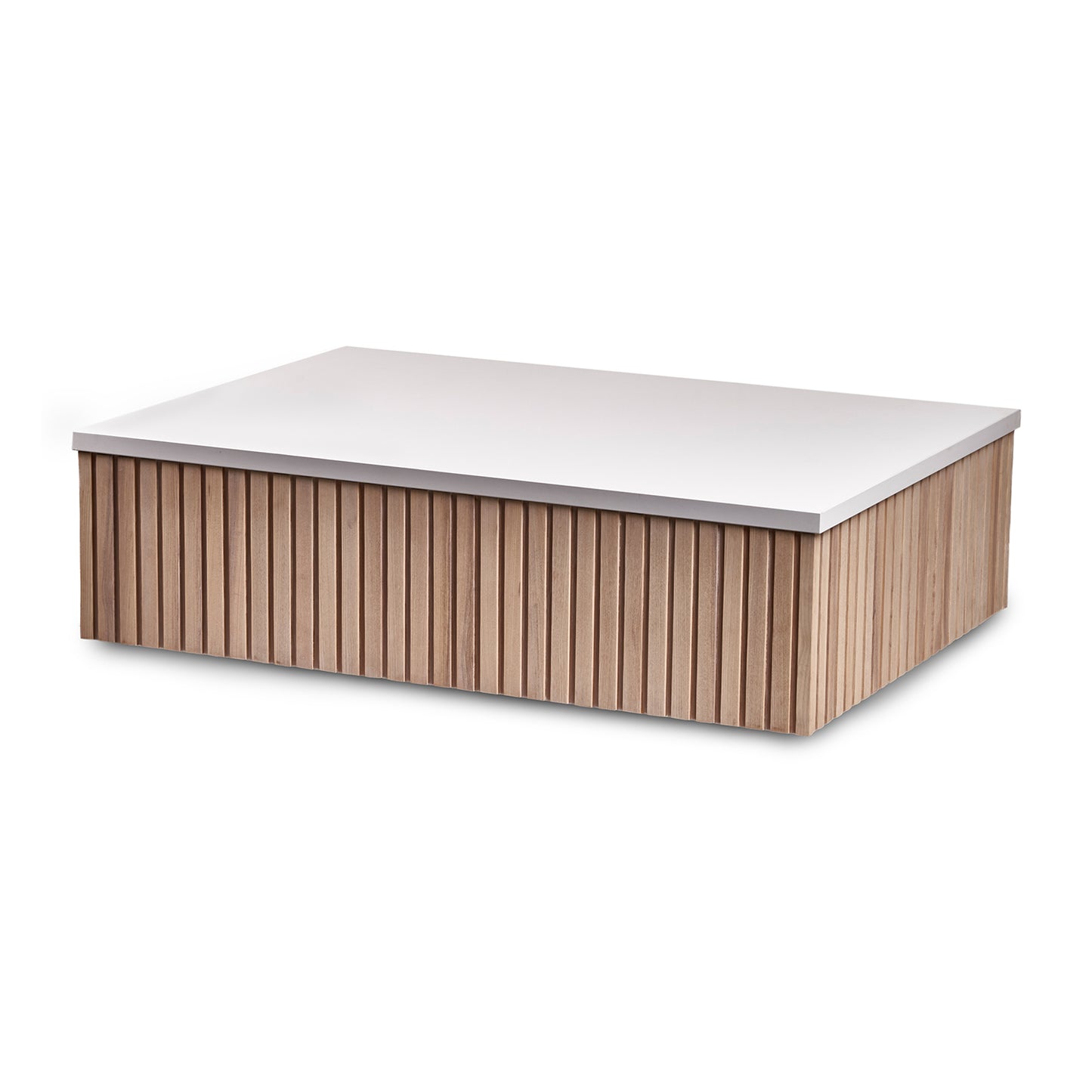 A modern slatted wood coffee table with a white top, isolated on a white background. (side view)