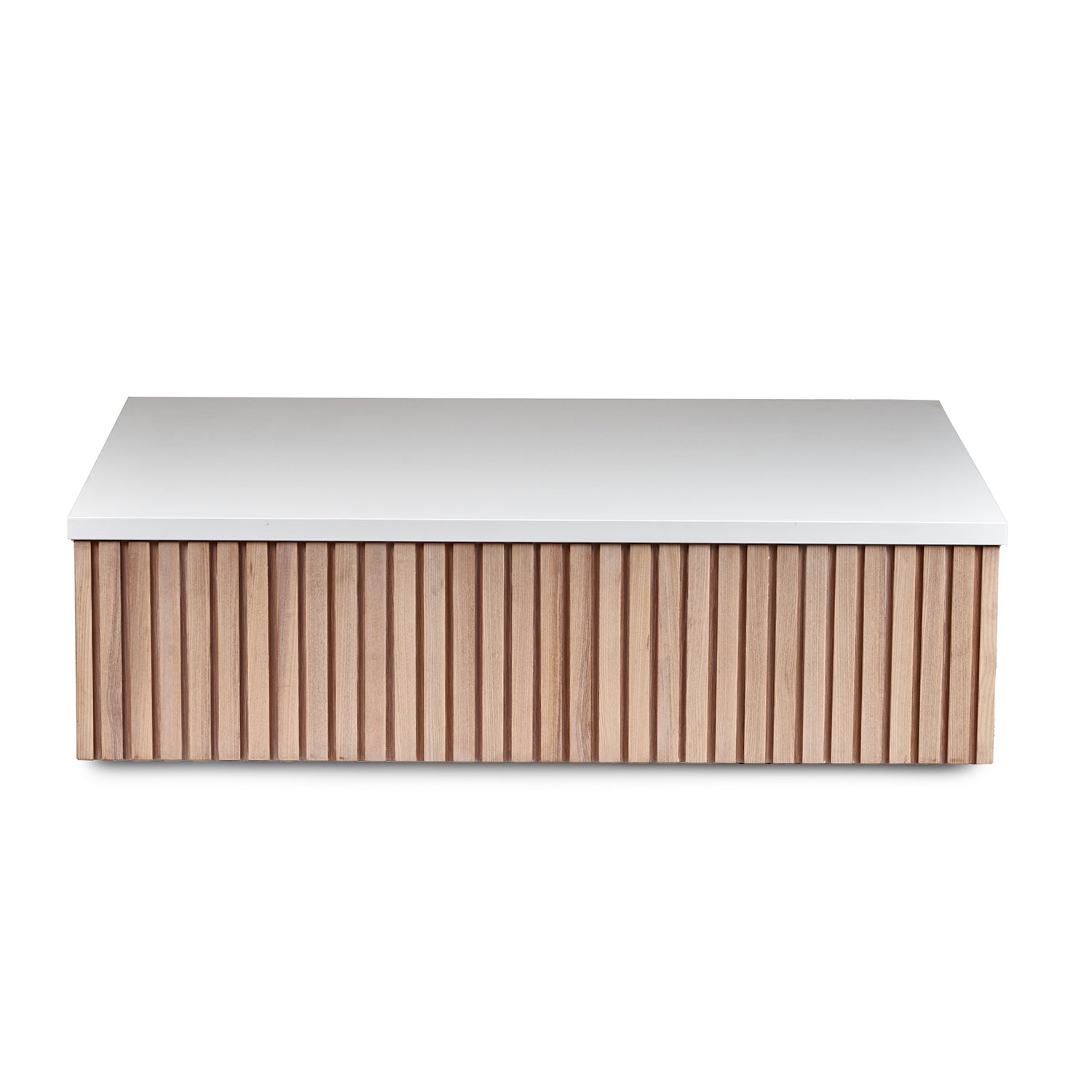 A modern slatted wood coffee table with a white top, isolated on a white background (front view)