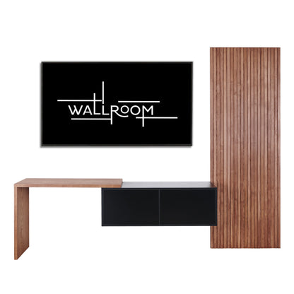 A minimalist office space with a sleek black and wood wall-mounted desk, a matching storage cabinet, and a simple, modern decor on a white wall (front view)