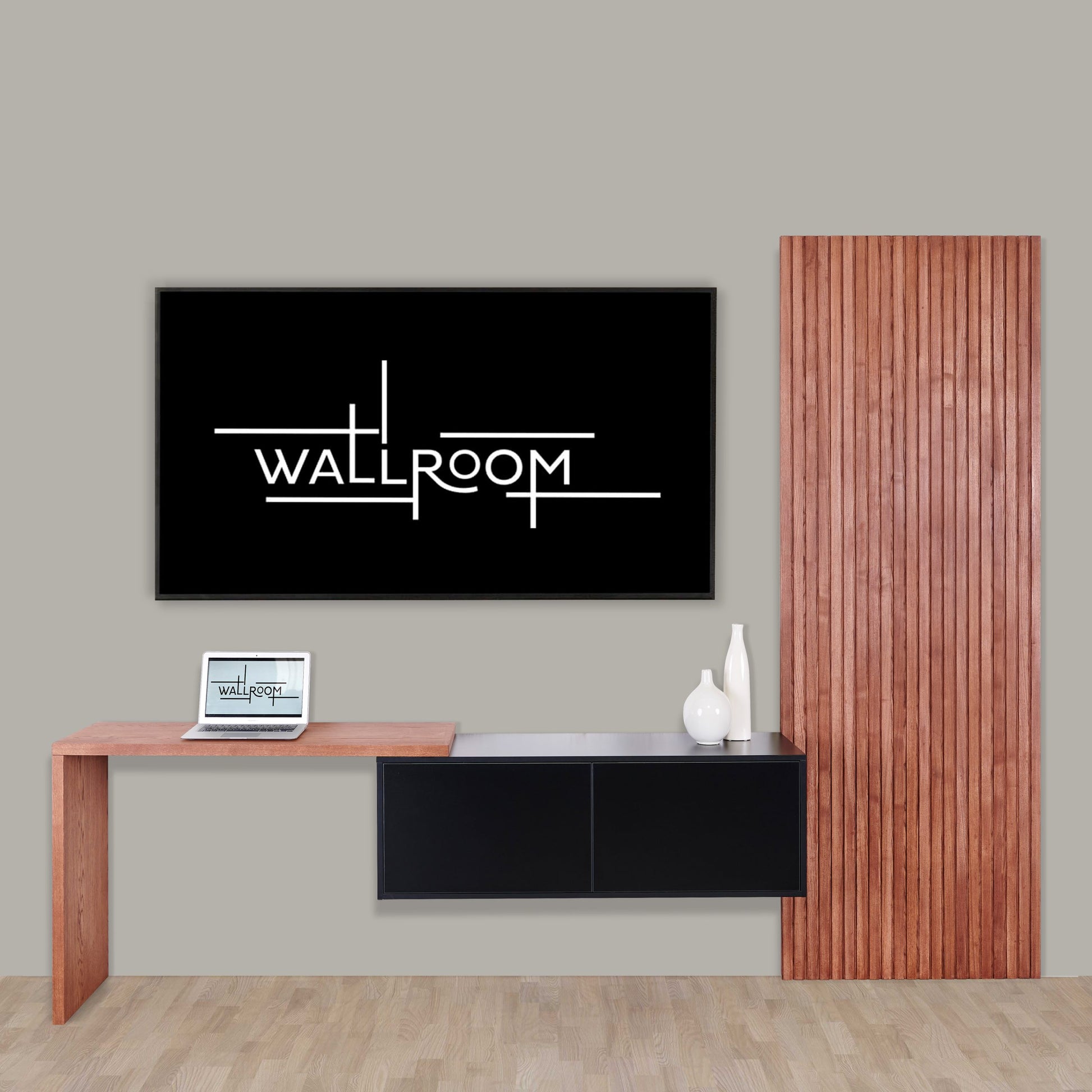 A minimalist office space with a sleek black and wood wall-mounted desk, a matching storage cabinet, and a simple, modern decor on a neutral wall.