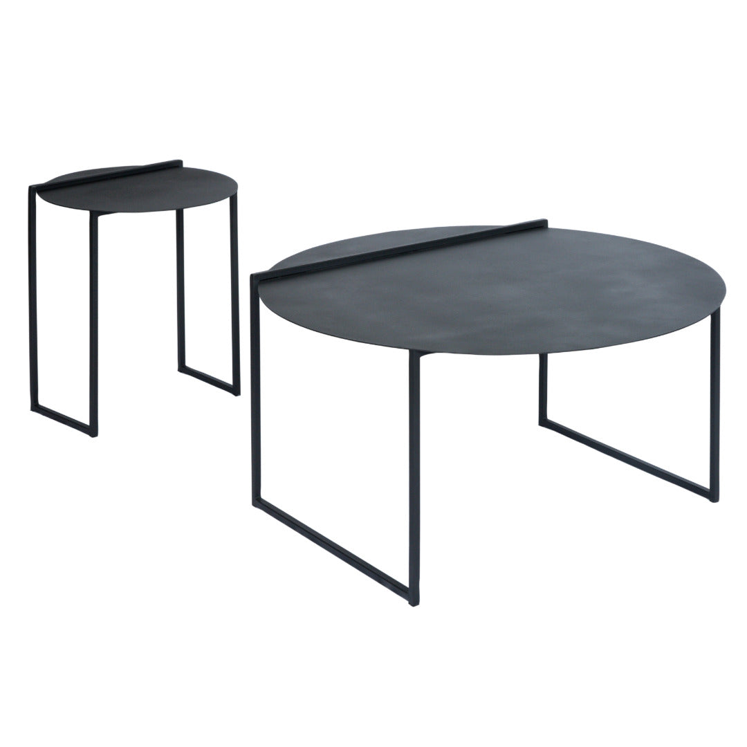 Round steel frame nesting coffee table set featuring American walnut veneer and cotton stucco tops apart