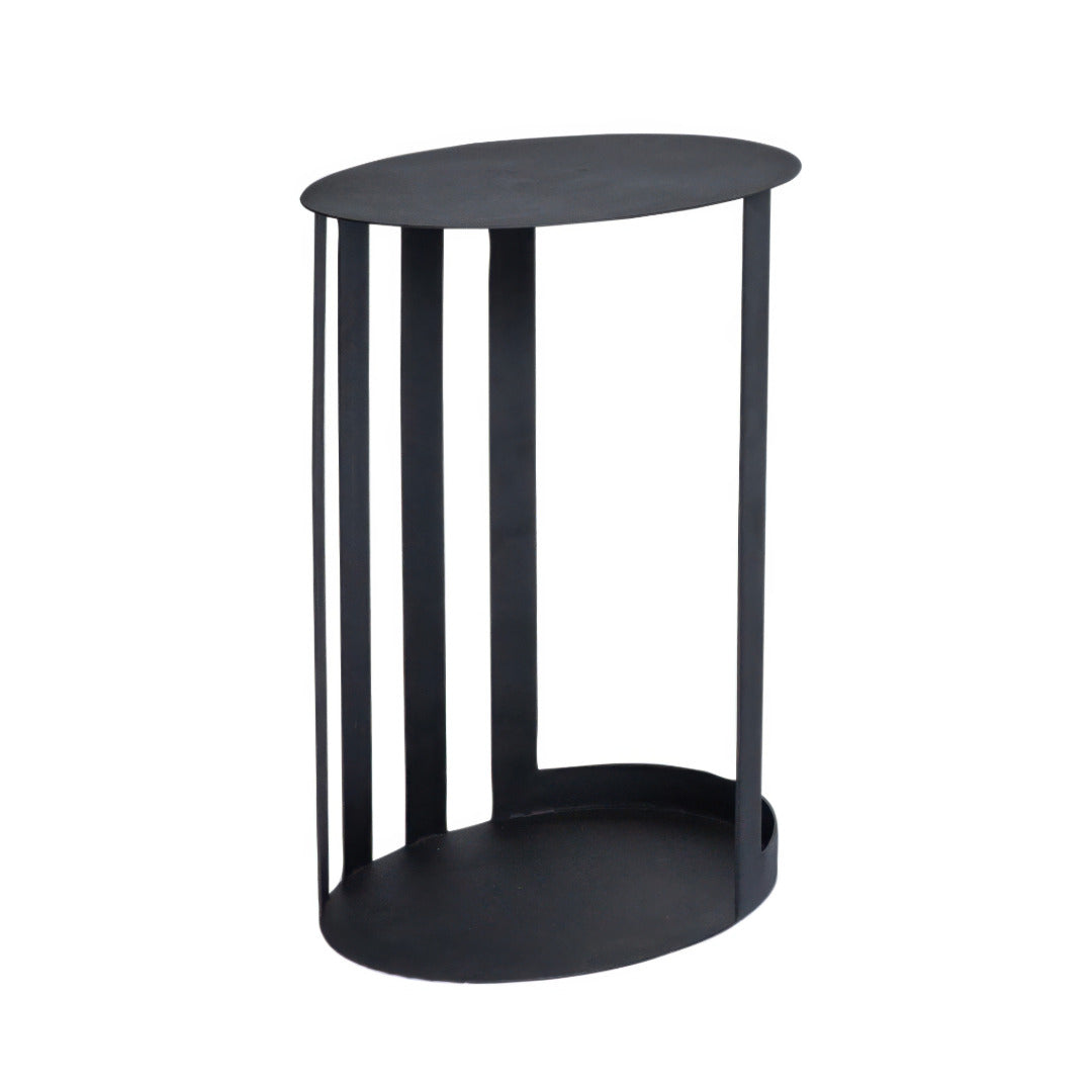 Black steel side table with a cylindrical shape