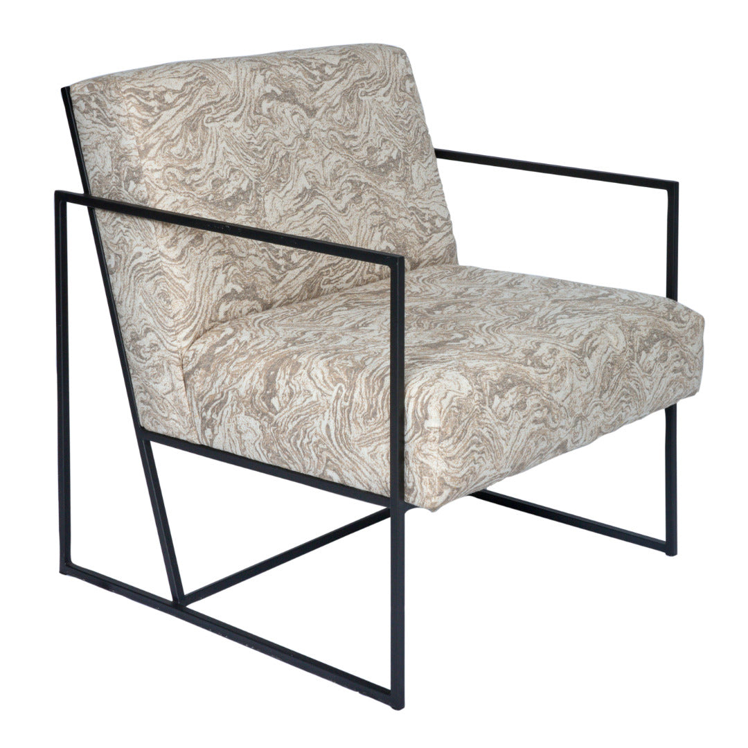 Steel-framed occasional chair in marble fabric with plush back and seat cushion