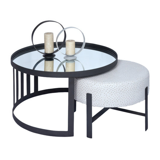 Mirror Top Coffee Table with Nesting Ottoman