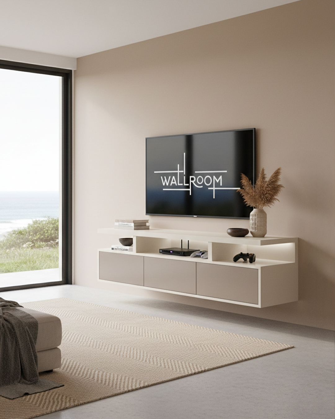 Modern living room with a TV mounted on the wall displaying